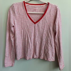Boden Cotton Red and White Striped Long Sleeve V-Neck Tee